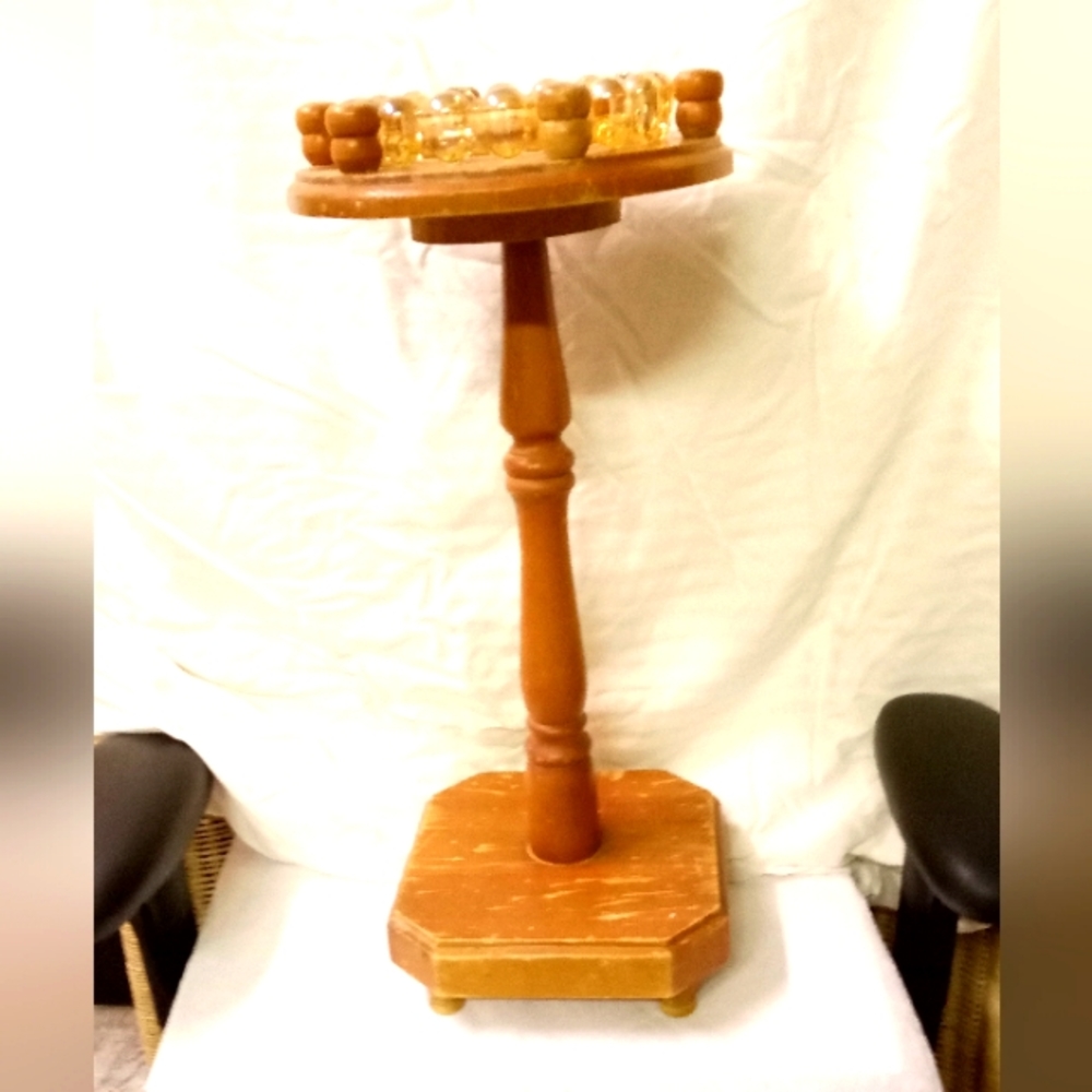 Antique Wooden Ashtray Pedestal Stand W/ Glass Ash-Catcher 24"High